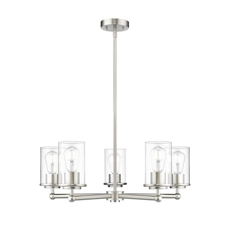 Z-Lite Thayer Chandelier, 5-Light, 26 In.W x 9.25 In.H, Brushed Nickel/Clear 742-5BN